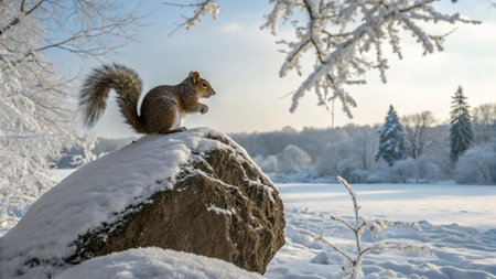 Squirrel on a rock in winter landscape. Beautiful winter scene.の写真素材