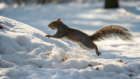 Squirrel in the snow. Sciurus carolinensis. Wildlife scene from nature.の写真素材