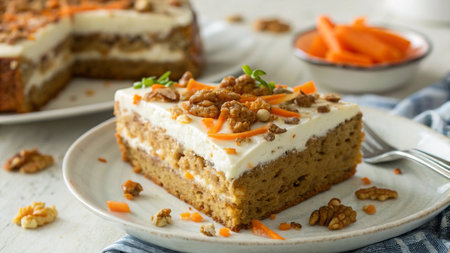 Carrot cake with walnuts on a white wooden background. Selective focus.の写真素材
