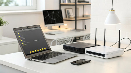 Laptop with smart phone and router on table in modern office, closeup
