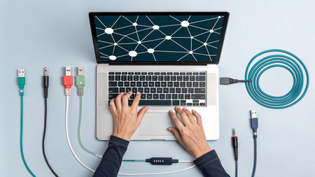 Top view of woman hands using laptop with network connection on blue background