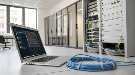 server room with laptop and servers in data center room 3d renderingの写真素材