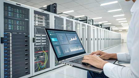 businessman working on laptop in datacenter server room data center