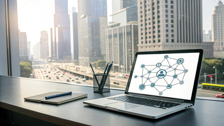 Laptop screen displaying a social network concept on a table with office buildings in the backgroundの写真素材