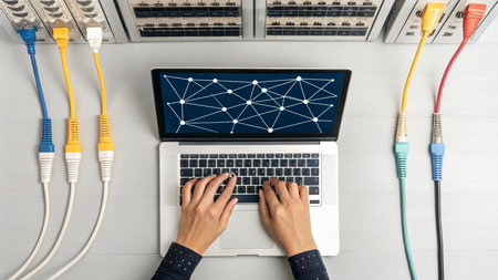 Woman using laptop with network connection on the screen. Internet concept.の写真素材