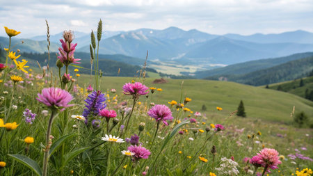 Meadow with wildflowers in the Carpathian mountainsの写真素材