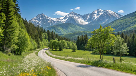 Mountain road in the summer. Panoramic view of the mountains.