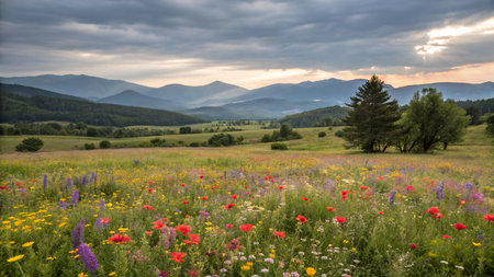 Meadow with poppies in the Carpathian mountainsの写真素材
