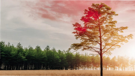 Landscape of pine trees in the field with sunset sky background.