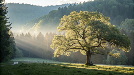 Foggy morning in the meadow with oak tree in the foreground