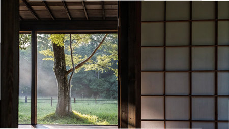 Japanese style window with a view of a tree in the morning.の写真素材