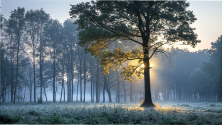 Foggy morning in the forest. The sun shines through the trees.の写真素材