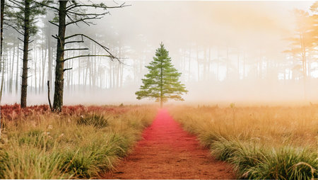 Foggy morning in the forest with a path leading to a pine tree