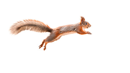 Red squirrel isolated on white background. Side view. Studio shot.の写真素材