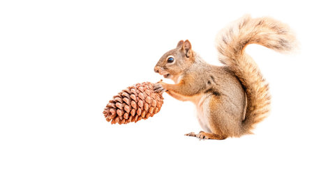 Squirrel with a pine cone isolated on white background. Studio shot.の写真素材