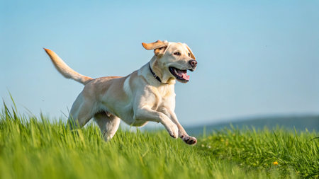 Labrador retriever running in the green field on a sunny day