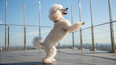 A white poodle is standing on the terrace of a modern building.
