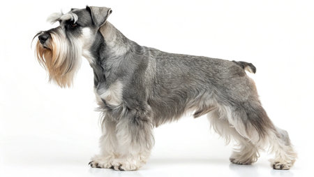 miniature schnauzer standing on white background and looking awayの写真素材