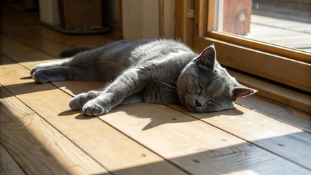 Gray cat sleeps on the wooden floor in the sun at home.の写真素材