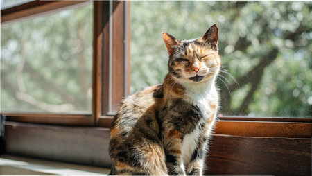 Domestic cat sitting on the windowsill and looking out the windowの写真素材