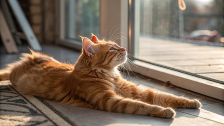 Cute ginger cat lying on the windowsill and looking out the windowの写真素材