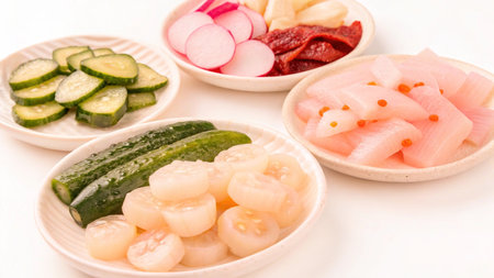 Pickled cucumber, radish and salted cucumber on white backgroundの写真素材