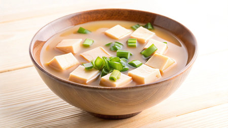 Japanese miso soup with tofu and green onion in bowl on wooden backgroundの写真素材