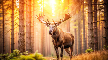 Beautiful red deer stag with large antlers in the forest at sunsetの写真素材