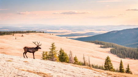 Reindeer in the Carpathian mountains at sunset, Ukraineの写真素材