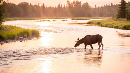 Moose crossing a river in Yellowstone National Park, Wyoming, USAの写真素材