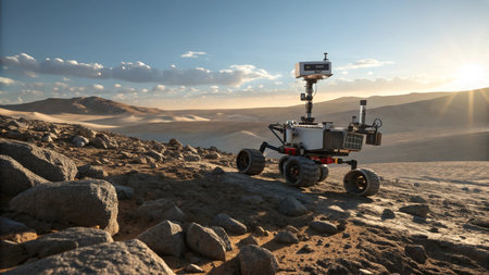 3D rendering of a rover in the middle of the desert