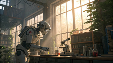 Robot working in the laboratory. 3d rendering. Computer digital drawing.