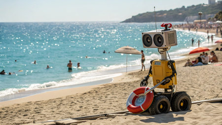 Tricolored rescue robot on the beach of the Mediterranean Sea