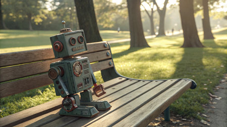 vintage robot sitting on a wooden bench in the park in the morning