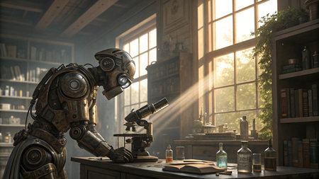 3d render of a robot in an old library with a microscope