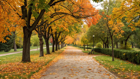 Beautiful autumn alley in the park with yellowed trees and grassの写真素材