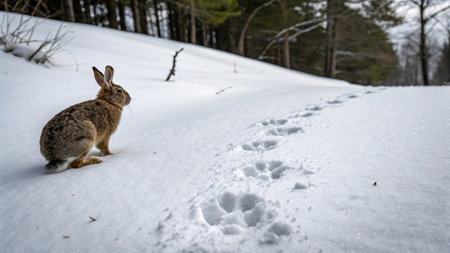 Rabbit in the snow in winter. Animal in the snow.の写真素材