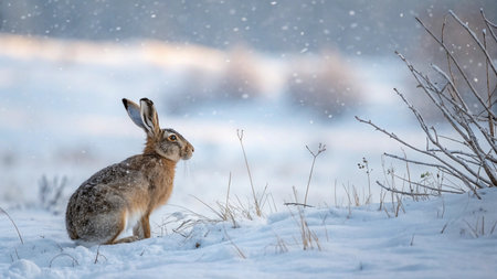 European hare (Lepus europaeus) in winter.の写真素材