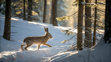A hare running through the snowy forest on a cold winter day.