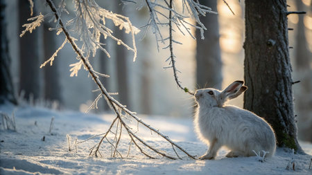 Rabbit in winter forest. White hare in winter forest.の写真素材