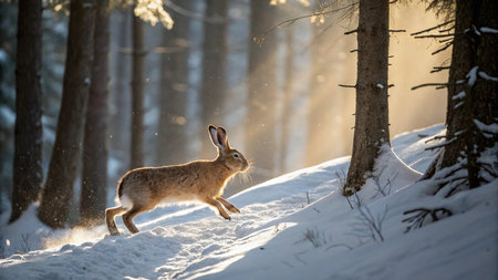 A hare running in the winter forest on a sunny day.の写真素材