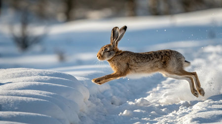 A hare running in the snow on a sunny day in winterの写真素材