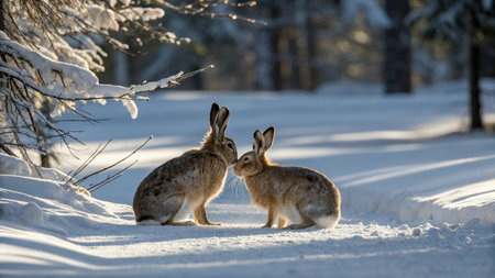 Two hare in winter forest. Wildlife scene from european nature.の写真素材