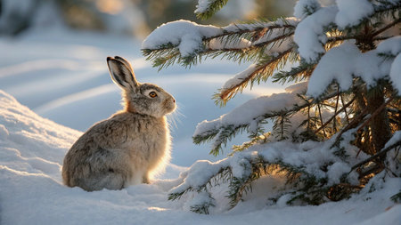 A hare sits in the snow on a background of a winter forest.の写真素材