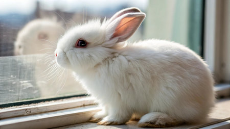 White rabbit sitting on the window sill and looks out the window.