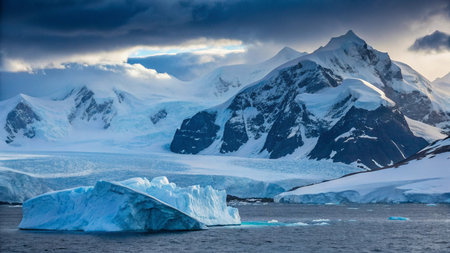 Antarctic landscape with icebergs and snow-capped mountains