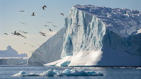Antarctic landscape with icebergs, birds and sea gullsの写真素材