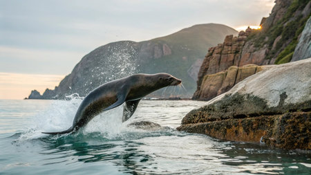 Dolphins jumping out of the water at sunset. False Bay, South Africaの写真素材