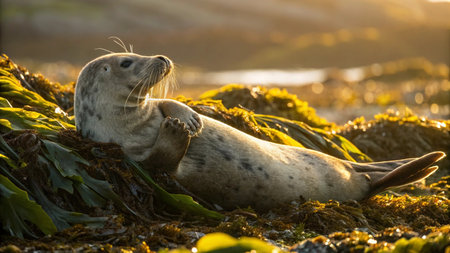 Pair of seals resting on a rock on the beach at sunsetの写真素材