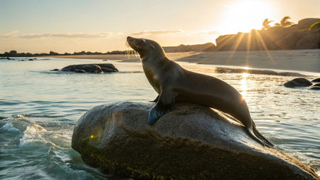 Sea lion on rock in the water at sunset, Namibia.の写真素材